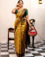 Yellow Color Banarasi Jacquard Soft Silk Saree