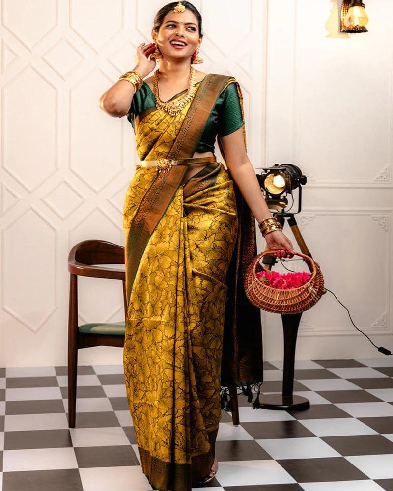 Yellow Color Banarasi Jacquard Soft Silk Saree