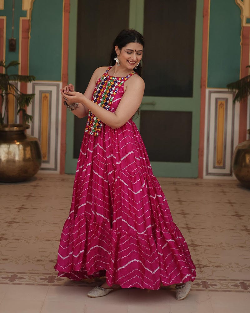 Rani Pink Color Chinon Laheriya Print Navratri Gown