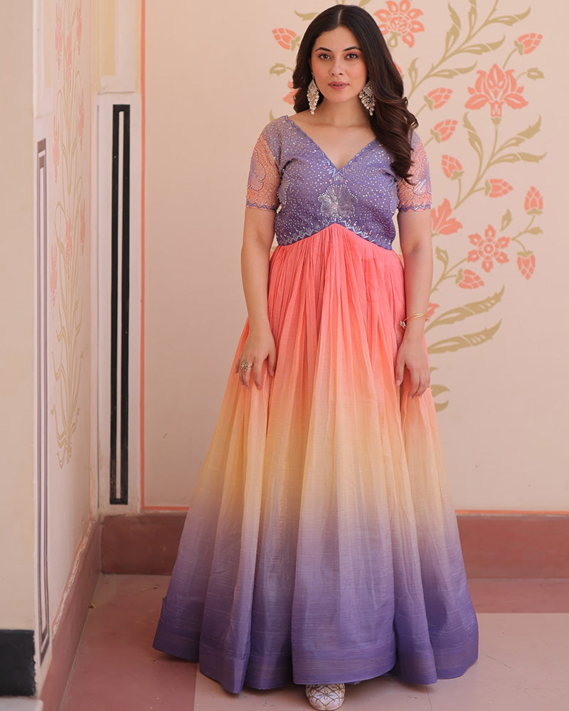 Lavender Color Gold Crush Embroidered work Gown