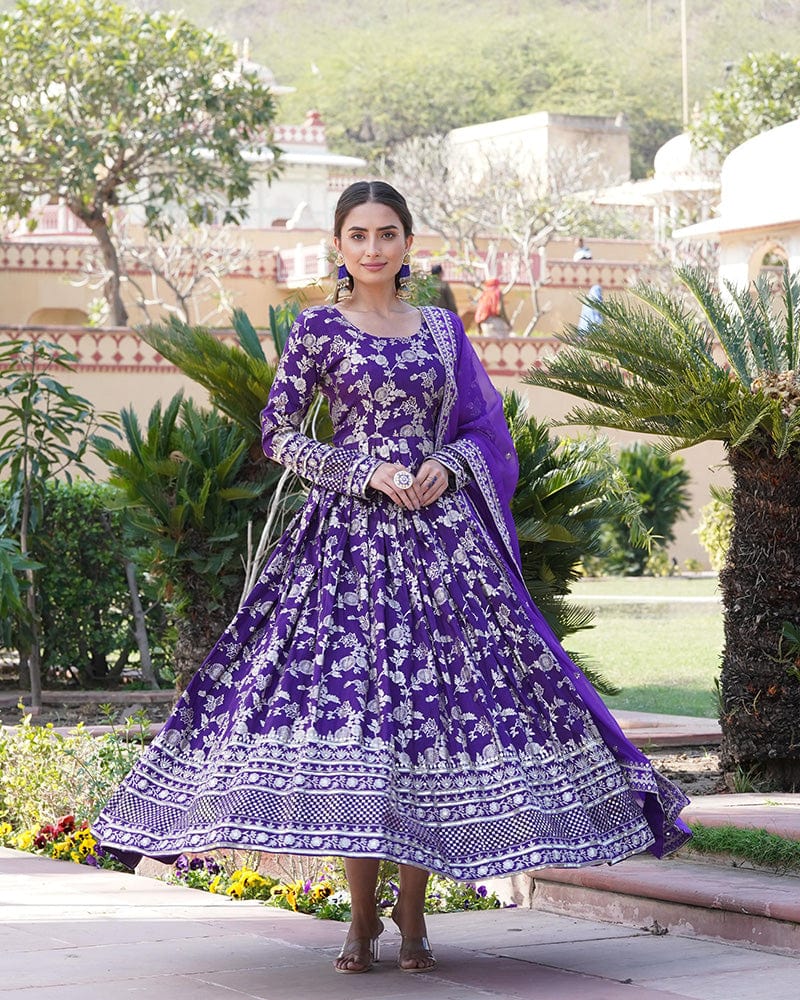 Designer Purple Color Sequence embroidered Viscose Jacquard Gown With Dupatta