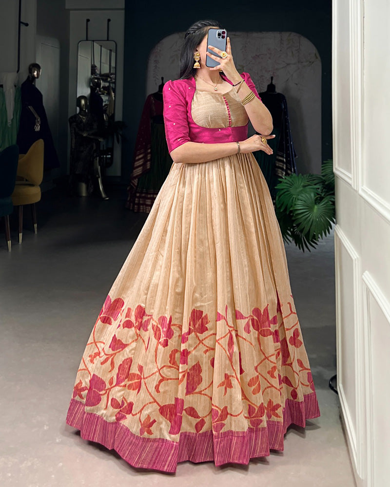 Pink Color Green Silk Printed Gown With koti