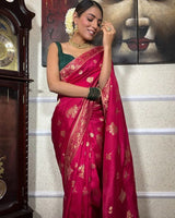 Rani Pink Color Big Flower Design Banarasi Soft Silk Saree