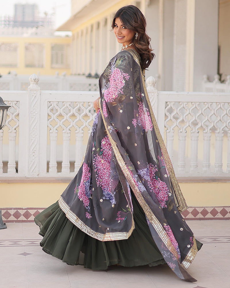 Mehndi Color Faux Georgette Frill Style Lehenga Choli