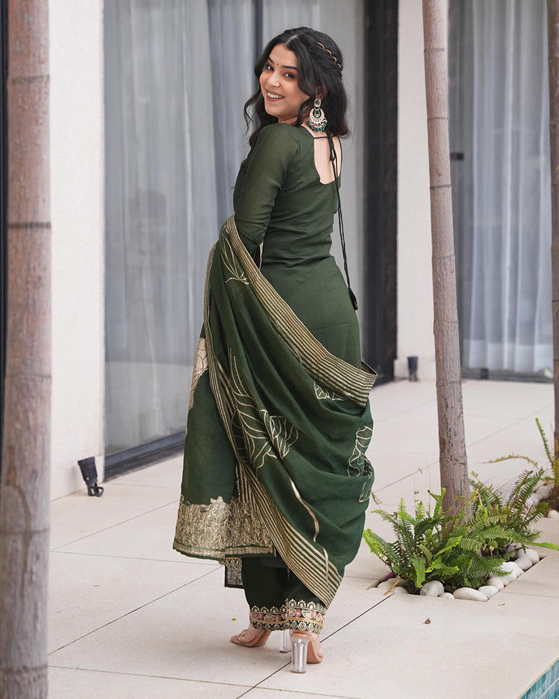 Green Color Roman Silk Embroidered Three Piece Kurti Suit