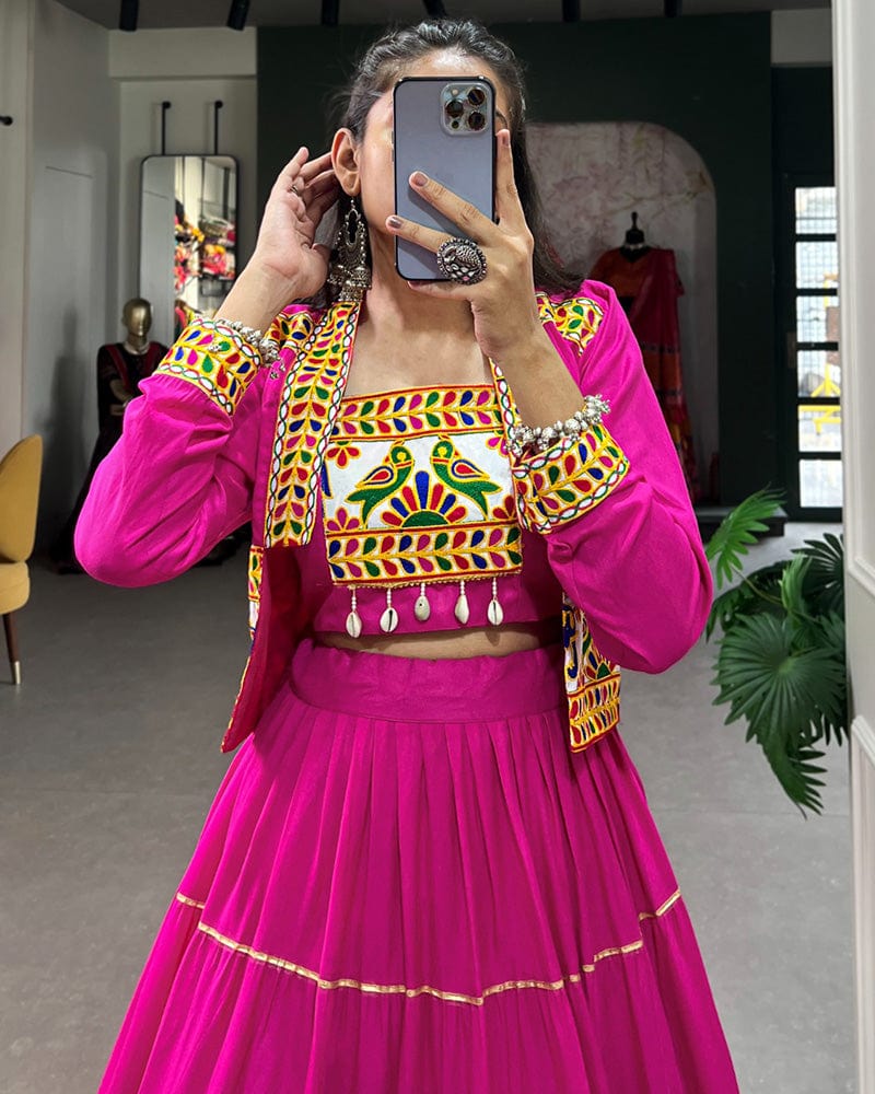 Pink Color Pure Rayon Gamthi Navratri Lehenga Choli