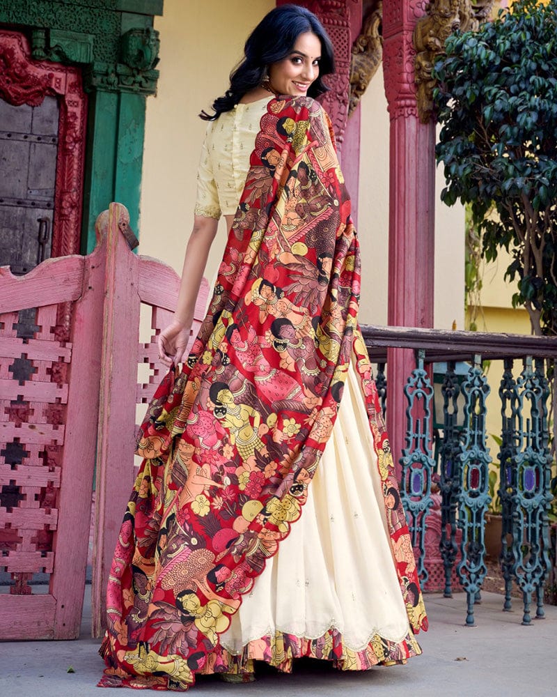 Off-White Color Vichitra Silk Embroidered Lehenga Choli