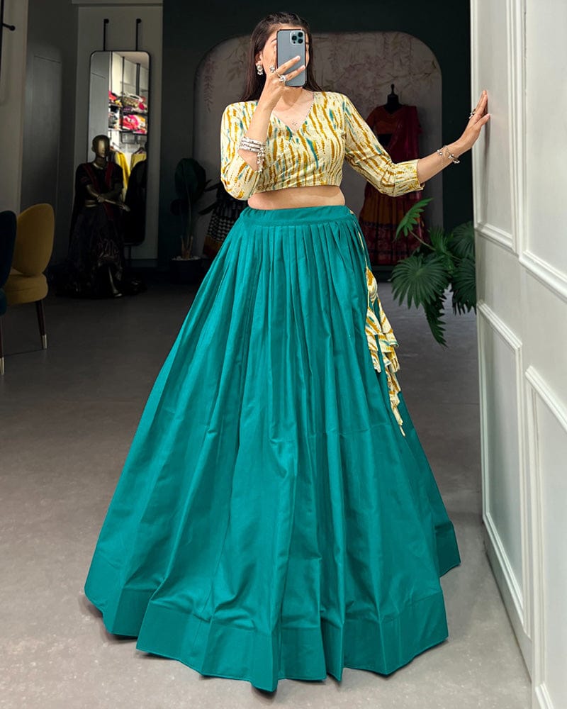 Teal Green Color Cotton Crop Top Navratri Lehenga Choli