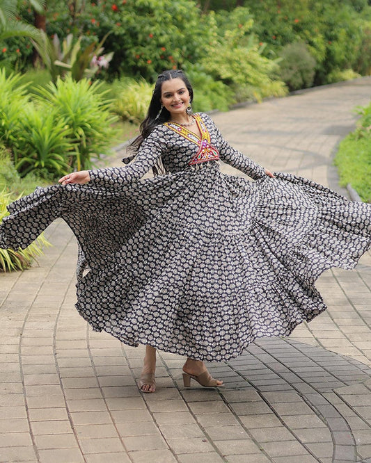 Black Color Cotton Gamthi Work Navratri Gown