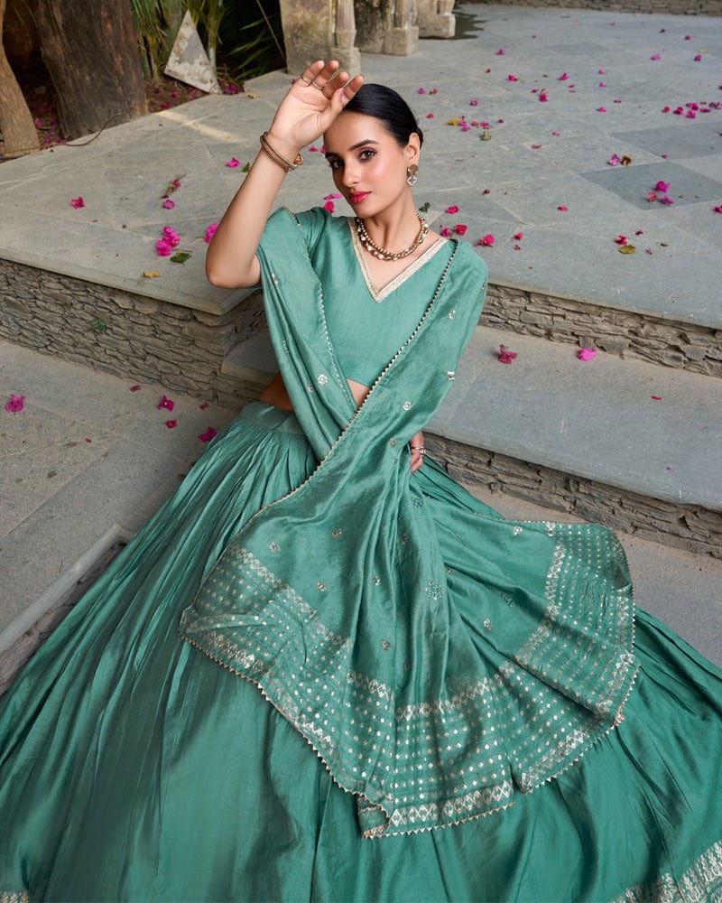 Sea Green Color Pure Chanderi Plain Navratri Lehenga Choli