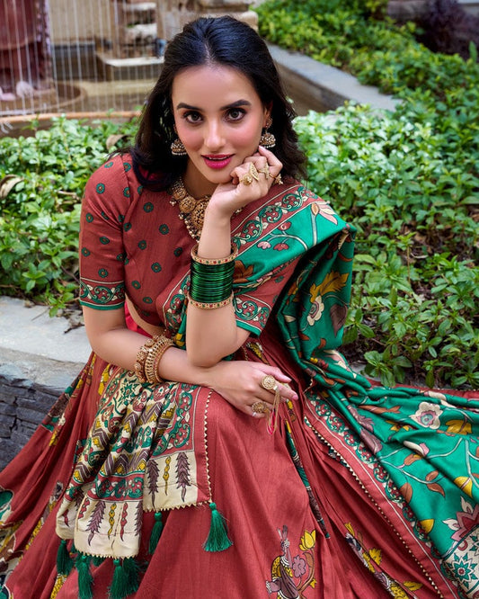 Orange Color Tussar Silk Kalamkari Printed Lehenga Choli