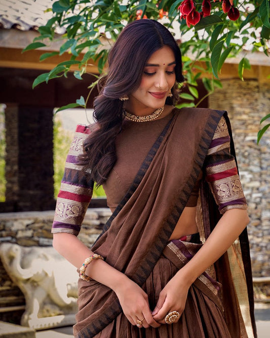 Brown Color Pure Chanderi Plain Lehenga Choli