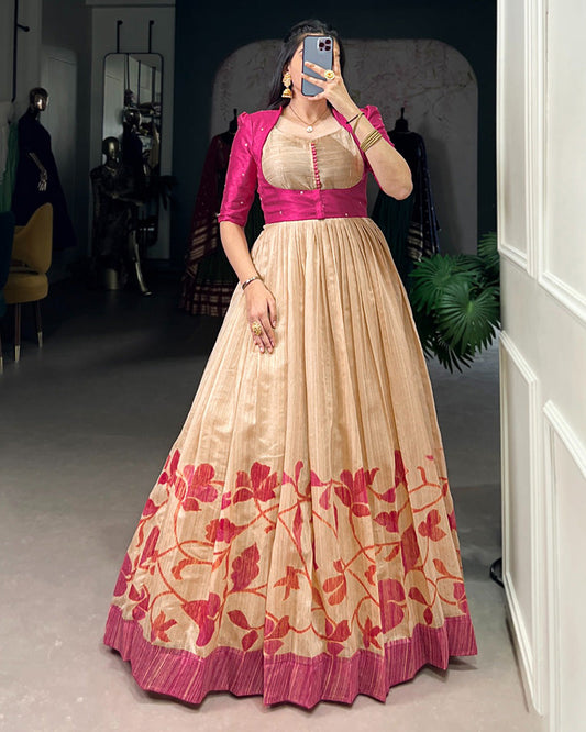 Pink Color Green Silk Printed Gown With koti