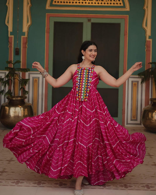 Rani Pink Color Chinon Laheriya Print Navratri Gown