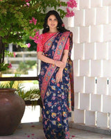 Navy Blue Colour Banarsi Soft Silk Saree