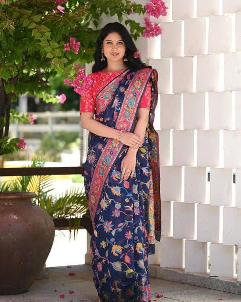 Navy Blue Colour Banarsi Soft Silk Saree