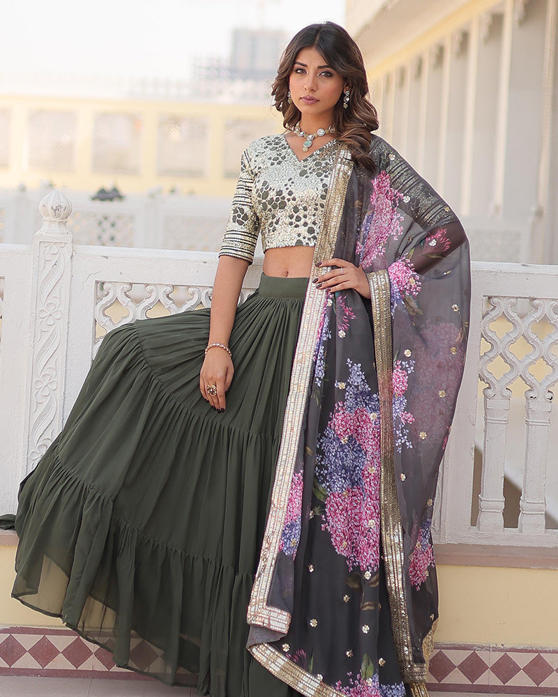 Mehndi Color Faux Georgette Frill Style Lehenga Choli