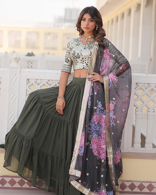 Mehndi Color Faux Georgette Frill Style Lehenga Choli