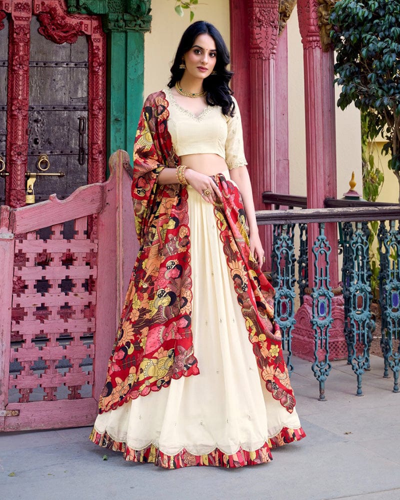 Off-White Color Vichitra Silk Embroidered Lehenga Choli
