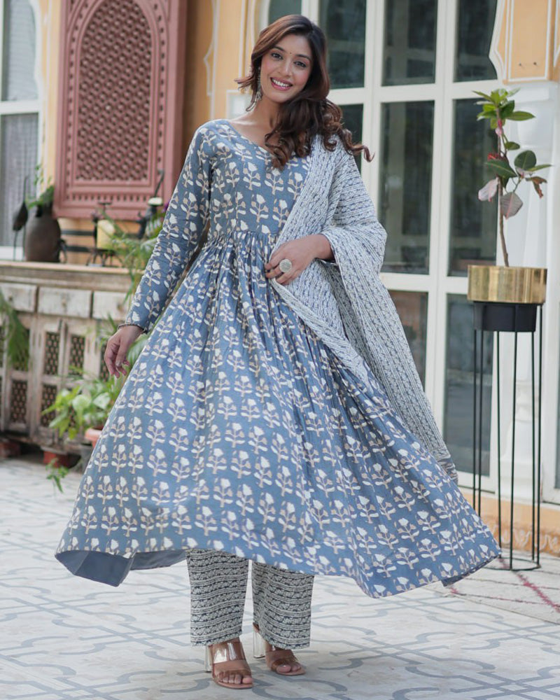 Gray Color Printed Pure Cotton Three Piece Kurti Suit