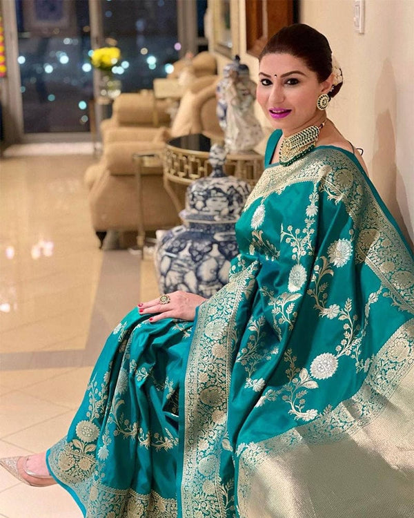 Firozi Color Banarasi Soft Silk Saree