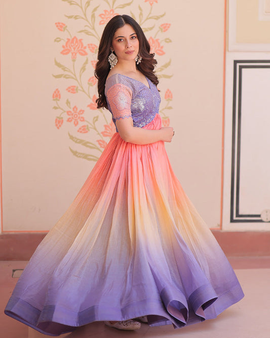 Lavender Color Gold Crush Embroidered work Gown