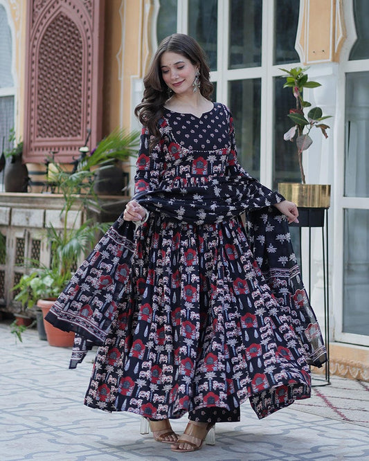 Black Color Printed Pure Cotton Three Piece Kurti Suit