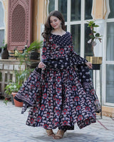 Black Color Printed Pure Cotton Three Piece Kurti Suit