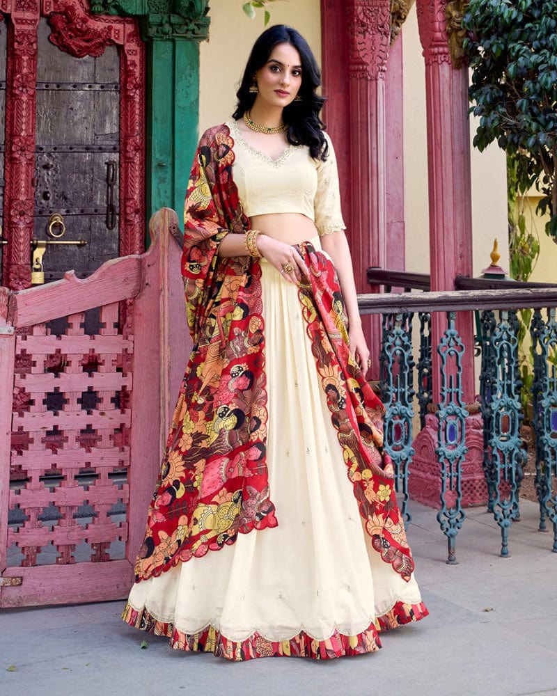 Off-White Color Vichitra Silk Embroidered Lehenga Choli