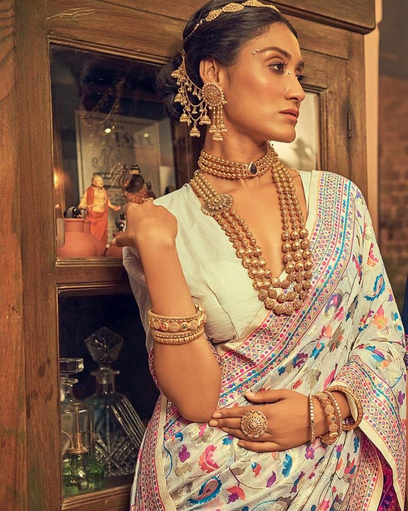 Heavy designer White Colour Banarsi Soft Silk Saree