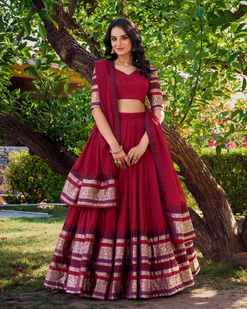Red Color Pure Chanderi Plain Lehenga Choli