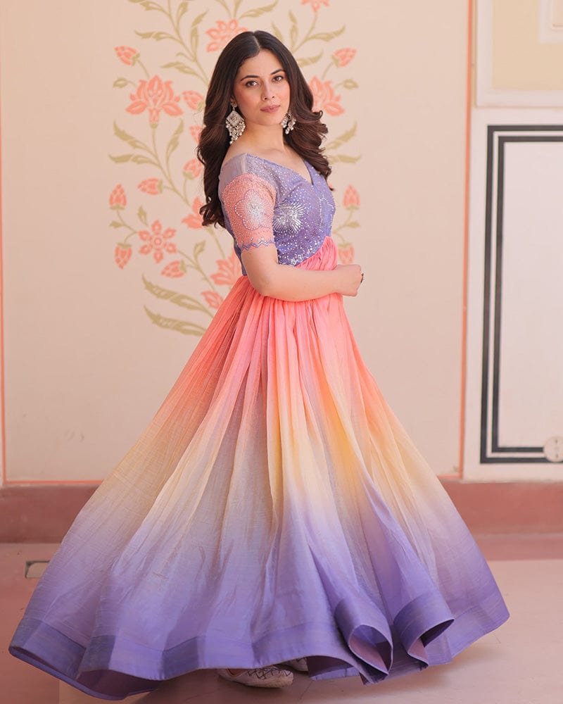 Lavender Color Gold Crush Embroidered work Gown