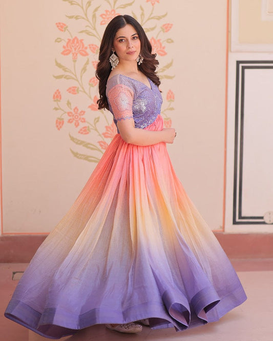 Lavender Color Gold Crush Embroidered work Gown