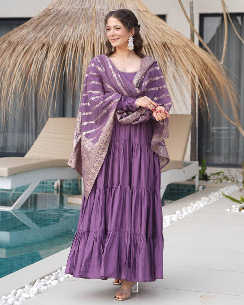 Dusty Purple Color Pure Chanderi Silk Frill Style Anarkali Suit