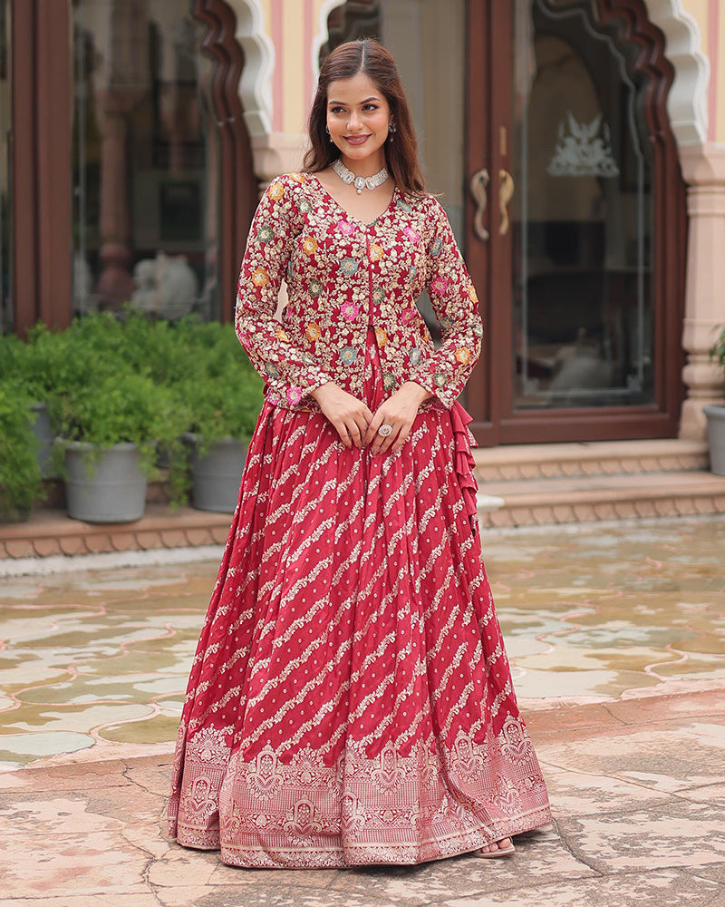 Dark Maroon Color Viscose jacquard Crop Top Lehenga Choli