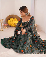 Green Color Bandhej Print Soft Chiffon Anarkali Gown