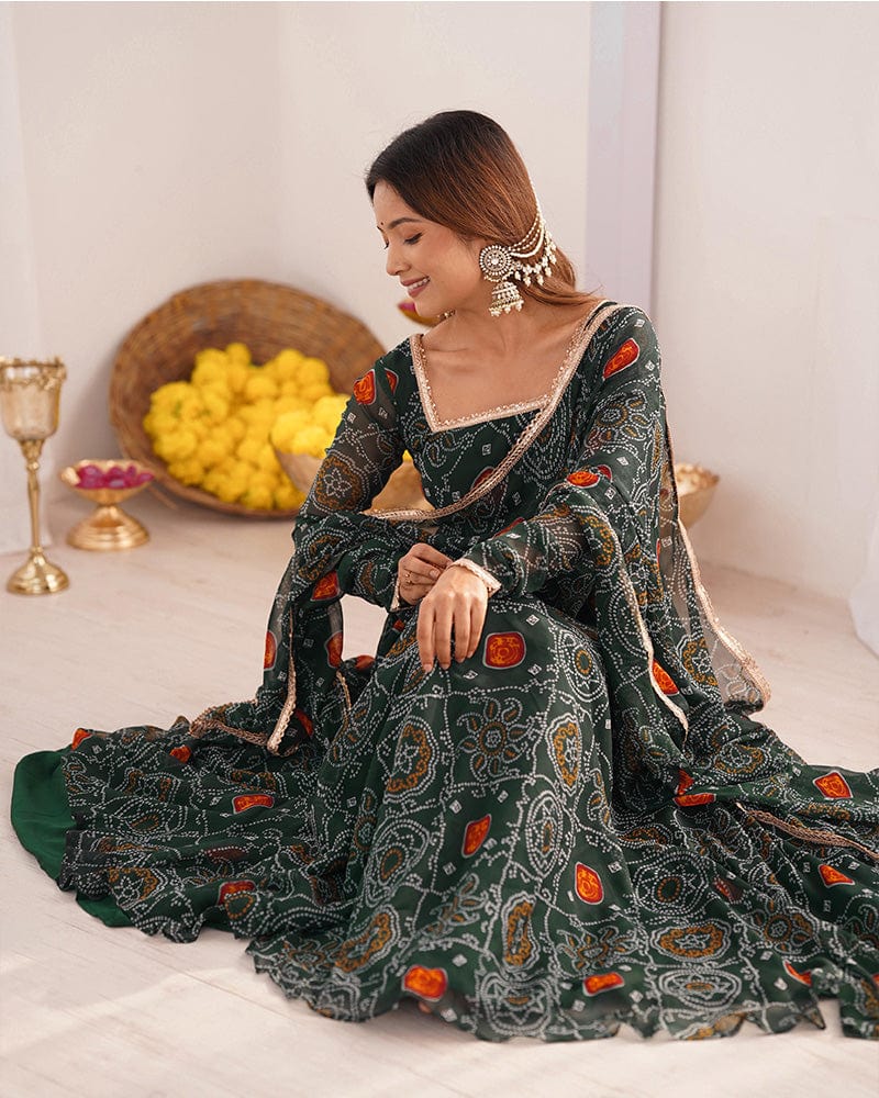 Green Color Bandhej Print Soft Chiffon Anarkali Gown