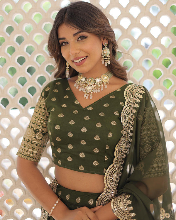 Mehndi Color Pure Dyable Jacquard Lehenga Choli