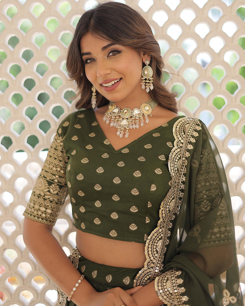 Mehndi Color Pure Dyable Jacquard Lehenga Choli