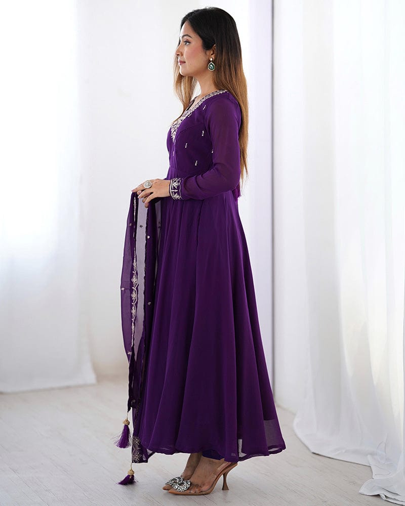 Purple Color Georgette Embroidered Three Piece Anarkali Suit