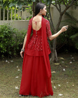 Red Color Georgette Embroidery Work Three Piece Sharara Suit