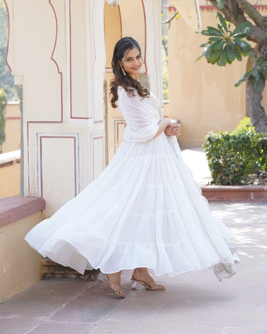 Designer White Color Frill Georgette Floor Touch Gown With Dupatta