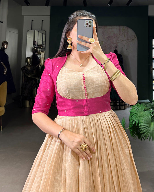 Pink Color Green Silk Printed Gown With koti