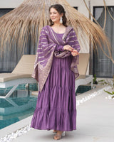 Dusty Purple Color Pure Chanderi Silk Frill Style Anarkali Suit