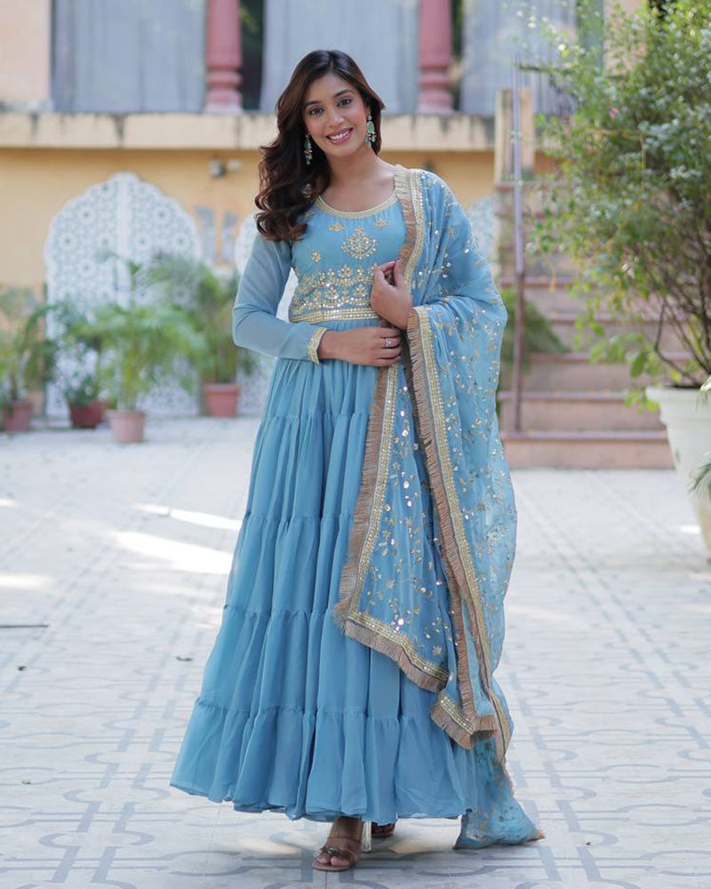 Sky Color Star Georgette Gown With Embroidered Dupatta