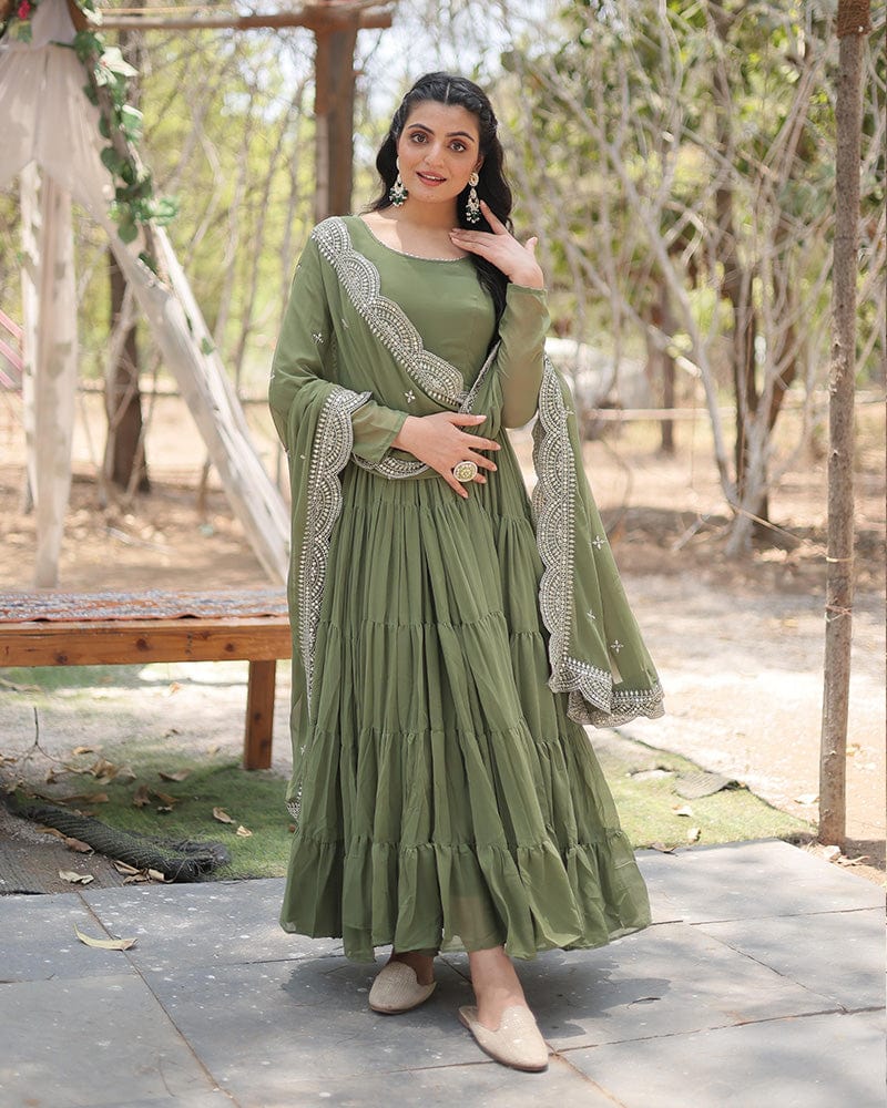 Mehndi Color Designer Embroidered Gown With Dupatta