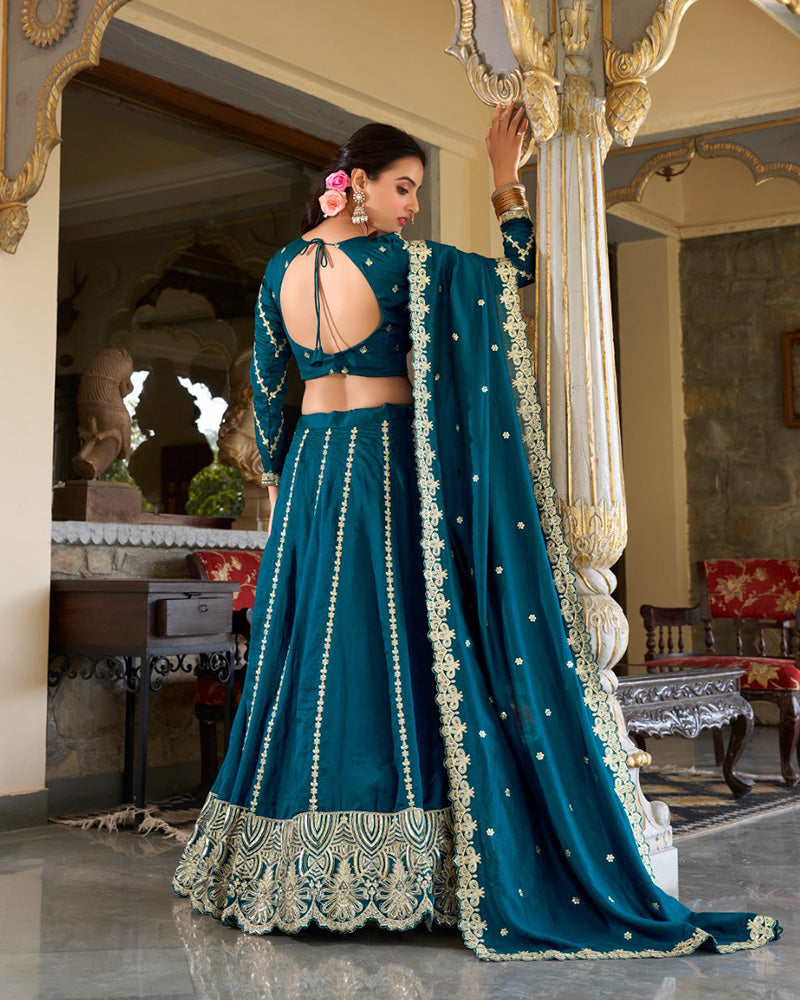 Firozi Color Vichitra Silk Sequence Embroidered Lehenga Choli