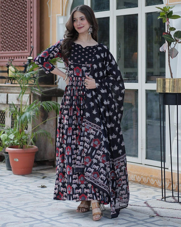 Black Color Printed Pure Cotton Three Piece Kurti Suit