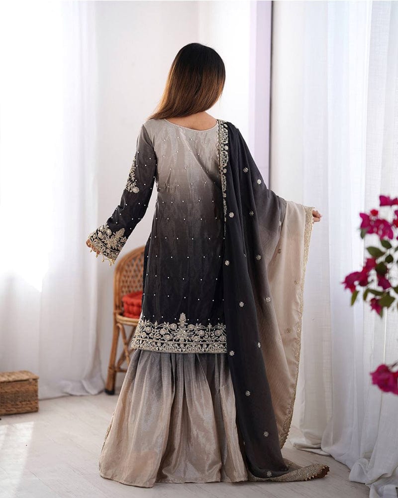 Dusty Black Color Chinnon Sequence Work Plazzo Suit