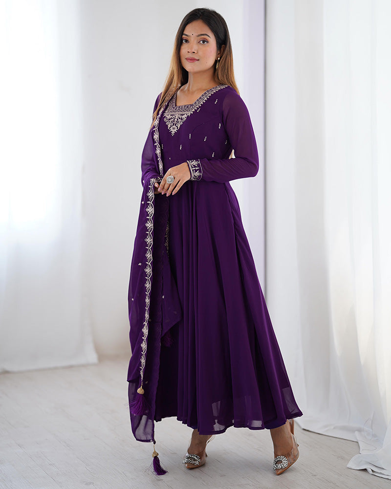 Purple Color Georgette Embroidered Three Piece Anarkali Suit